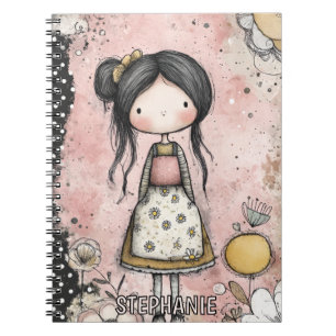 Whimsical Girl Watercolor with Floral Accents (8) Notebook