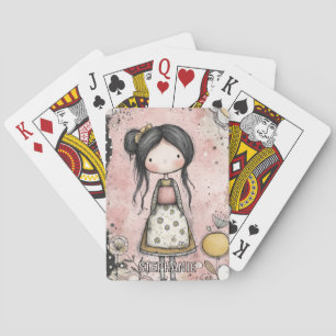Whimsical Girl Watercolor with Floral Accents (8) Playing Cards