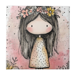 Whimsical Girl Watercolor with Floral Accents (9) Ceramic Tile