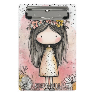 Whimsical Girl Watercolor with Floral Accents (9) Mini Clipboard