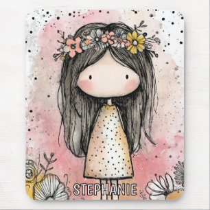 Whimsical Girl Watercolor with Floral Accents (9) Mouse Pad