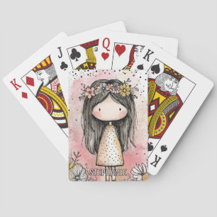 Whimsical Girl Watercolor with Floral Accents (9) Playing Cards