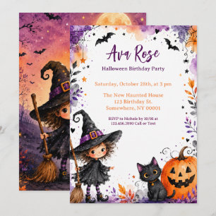 Whimsical Girl Witch Halloween Birthday Party Invitation