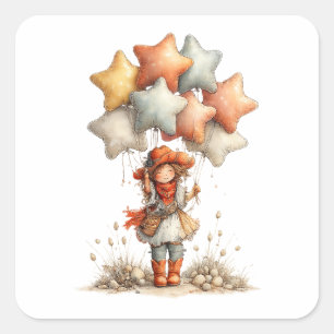 Whimsical Girl with Balloons Cottagecore Fantasy Square Sticker