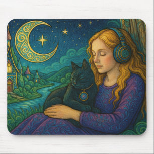 Whimsical Girl with Black Cat Under Crescent Moon Mouse Pad