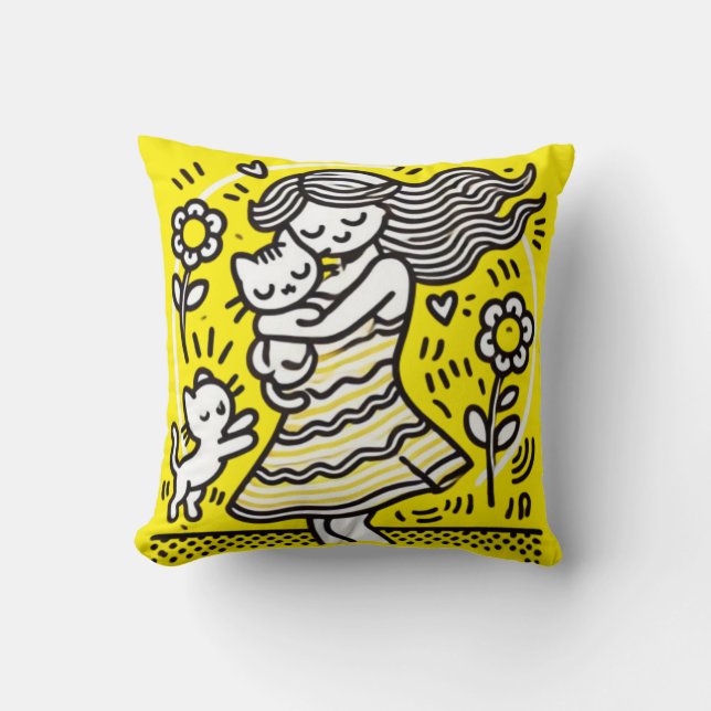 "Whimsical Girl with Kitten Cushion (Front)