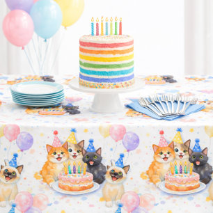 Whimsical Girls Cat Birthday Party Tablecloth 