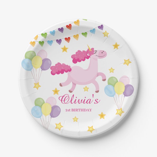 Whimsical Girls first Cute Pink Unicorn Birthday  Paper Plate (Front)