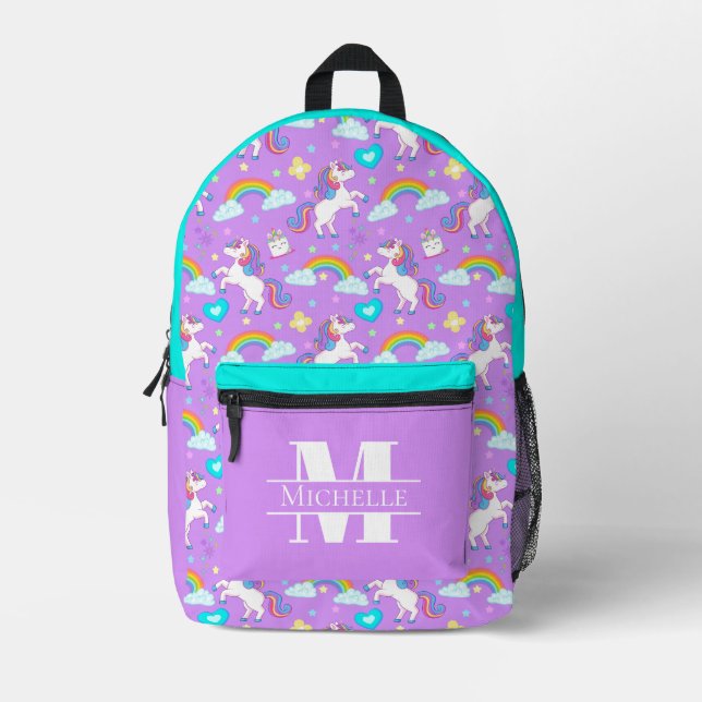 Whimsical Girl's Unicorns and Rainbows Monogram Printed Backpack (Front)