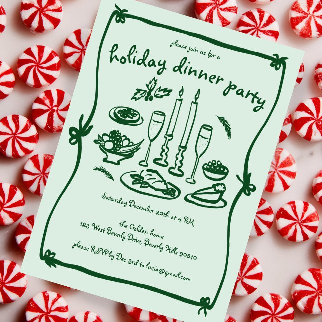 Whimsical Girly Christmas Holiday Dinner Party Invitation (Whimsical Girly Doodle Sketch Christmas Holiday Dinner Party Invitation
)