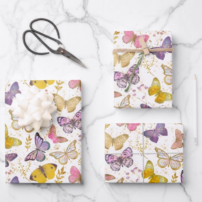 Whimsical Girly Faux Glitter Butterflies Purple Wr Wrapping Paper Sheet (Front)