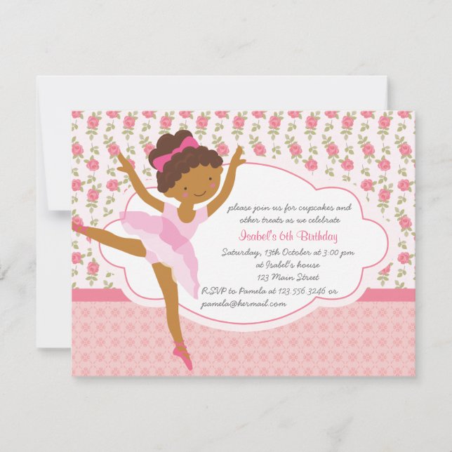 Whimsical Girly Floral Pink Ballerina Birthday Invitation (Front)