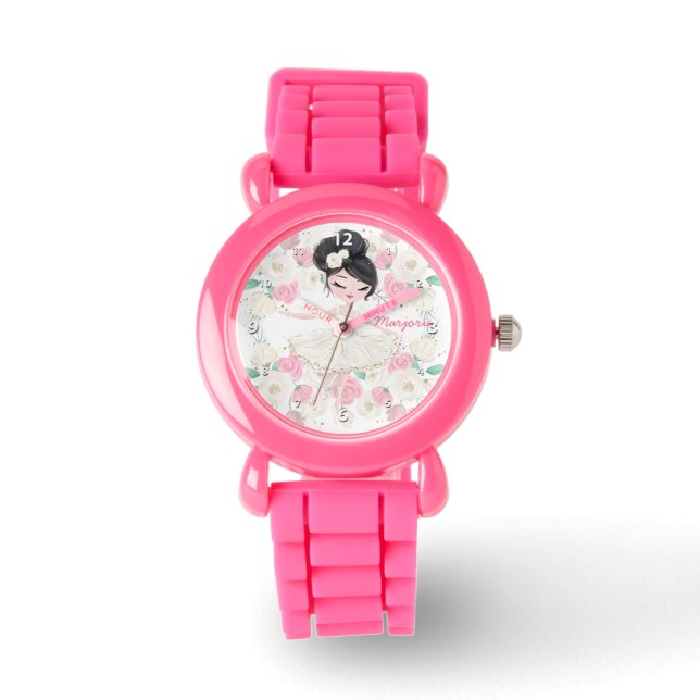 Whimsical Girly Floral Pink Ballerina Personalised Watch (Front)