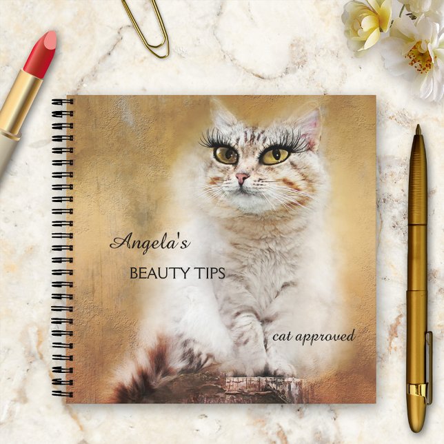 Whimsical Girly Funny Cat Notebook (A funny whimsical notebook featuring a gold colored painting of a cat princess with makeup)