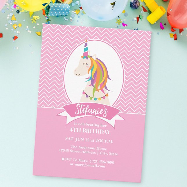 Whimsical Girly Pink Rainbow Unicorn Girl Birthday Invitation (Creator Uploaded)