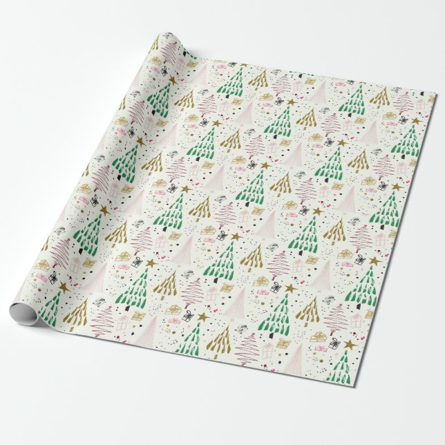 Whimsical Glitter Christmas Trees Holiday Wrapping Paper (Unrolled)