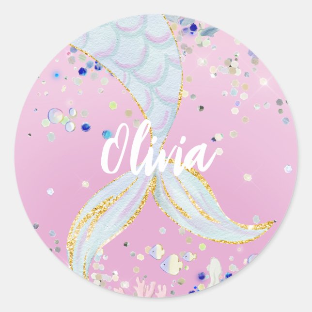 Whimsical Glitter Mermaid Beachy Under the Sea  Classic Round Sticker (Front)