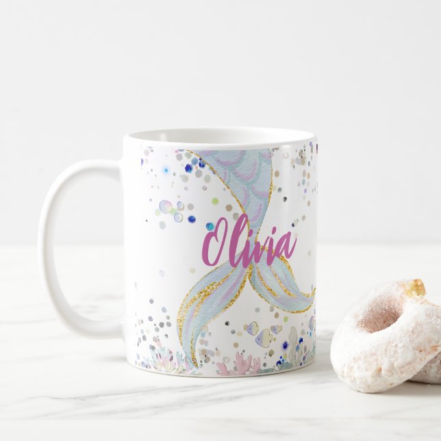 Whimsical Glitter Mermaid Beachy Under the Sea  Coffee Mug (With Donut)