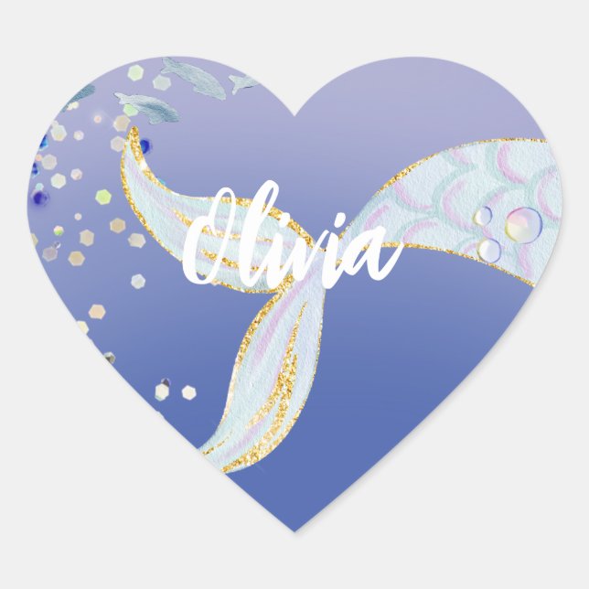 Whimsical Glitter Mermaid Beachy Under the Sea  Heart Sticker (Front)
