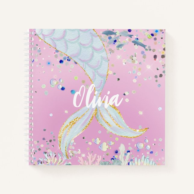 Whimsical Glitter Mermaid Beachy Under the Sea  Notebook (Front)