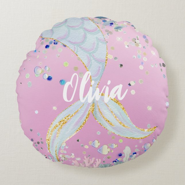 Whimsical Glitter Mermaid Beachy Under the Sea  Round Cushion (Front)