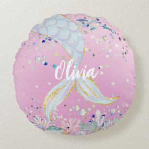 Whimsical Glitter Mermaid Beachy Under the Sea Round Cushion