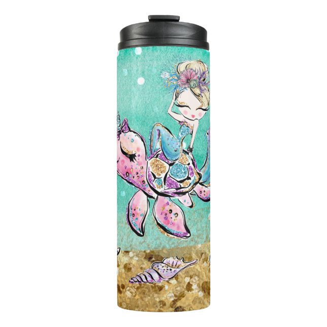 *~* Whimsical Glitter Mermaid Sea Turtle Shells  Thermal Tumbler (Front)