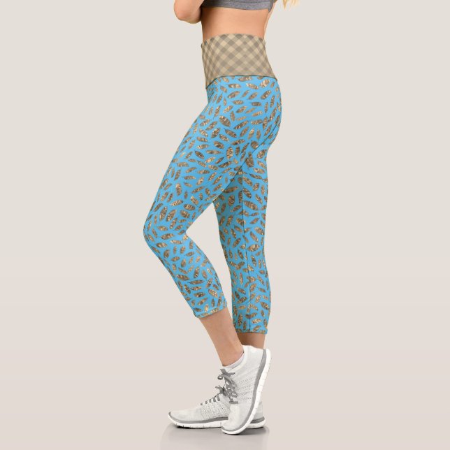 Whimsical Glittery Leaves on Teal Capri Leggings (Left)