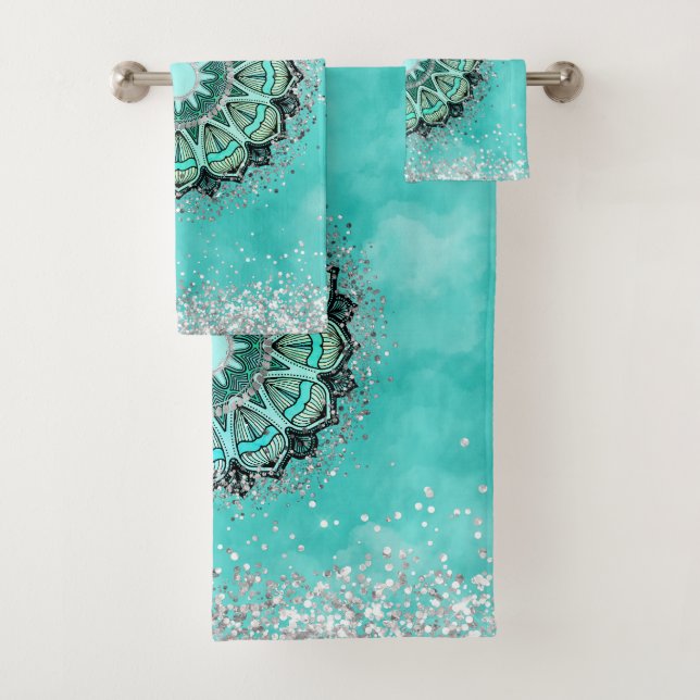 Whimsical Glittery Lotus Mandala on Teal Bath Towel Set (Insitu)