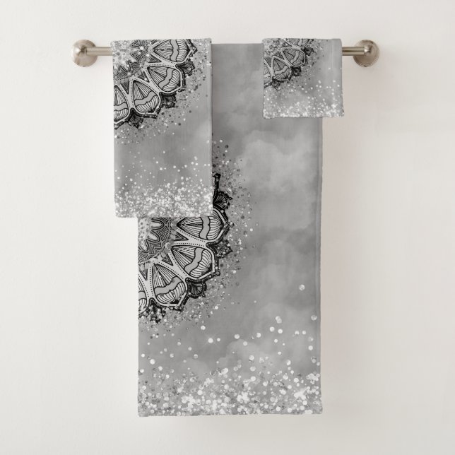 Whimsical Glittery  Silver Lotus Mandala on  Bath Towel Set (Insitu)