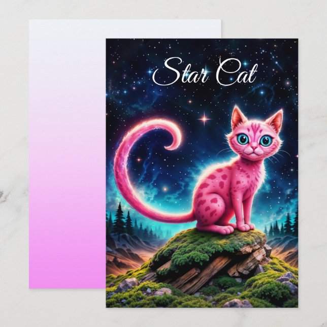 Whimsical glowing cat, long tail blue eyes art invitation (Front/Back)
