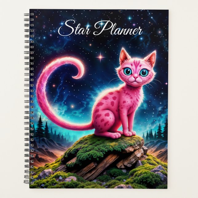 Whimsical glowing cat, long tail blue eyes art planner (Front)