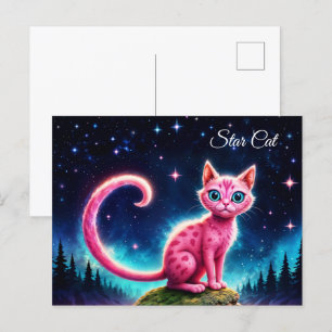 Whimsical glowing cat, long tail blue eyes art postcard