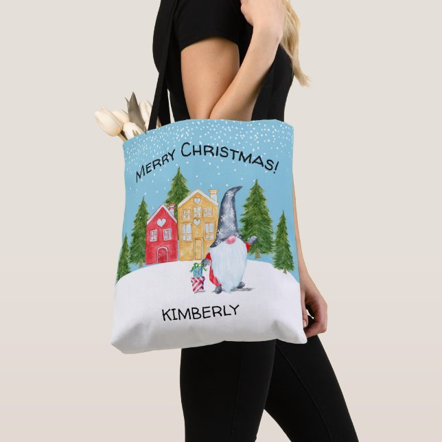 Whimsical Gnome Christmas Tote Bag (Close Up)