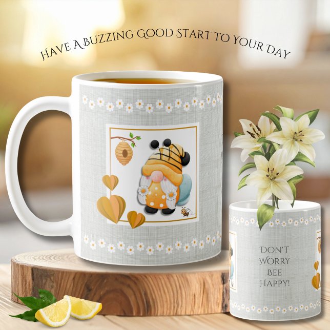 Whimsical Gnome Don’t Worry Bee Happy Daisy Mug (Brighten your morning coffee routine with this adorable watercolor Bee Gnome mug)