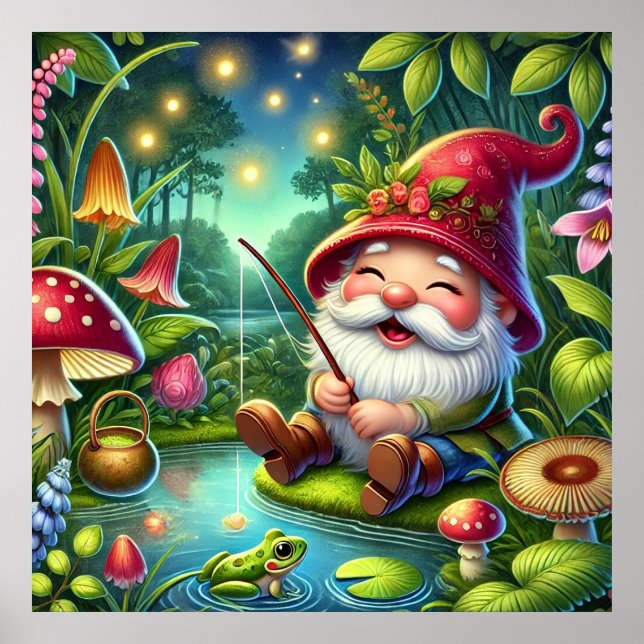 Whimsical Gnome Fishing by A Magical Forest Poster (Front)