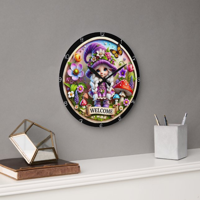 Whimsical Gnome Garden Welcome Clock (Office)