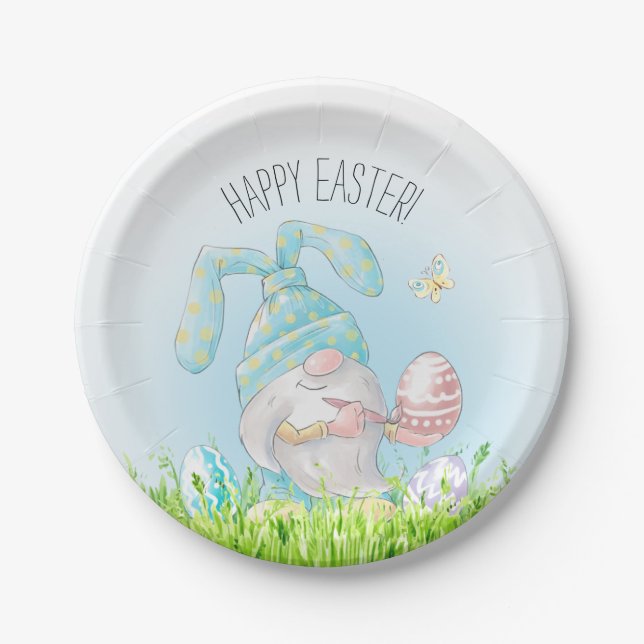 Whimsical Gnome Happy Easter Paper Plate (Front)