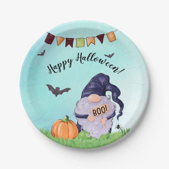 Whimsical Gnome Happy Halloween Paper Plate (Front)