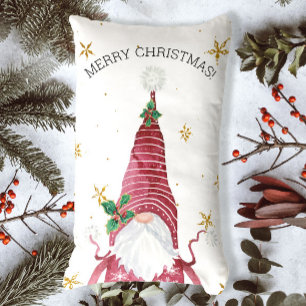 Whimsical Gnome Holly Merry Christmas Gold Stars Lumbar Cushion