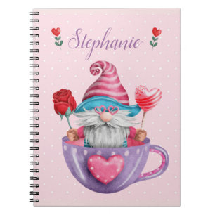 Whimsical Gnome in Tea Cup Hearts & Flowers   Notebook