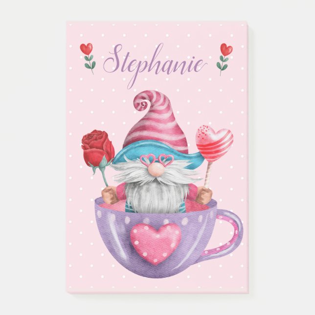 Whimsical Gnome in Tea Cup Hearts & Flowers  Post-it Notes (Front)