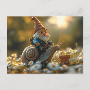 Whimsical Gnome on Snail Ride Magical Garden Scene Postcard