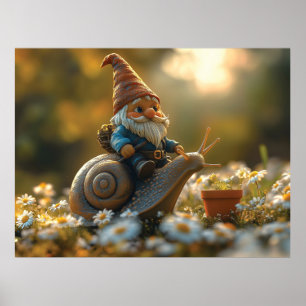 Whimsical Gnome on Snail Ride Magical Garden Scene Poster