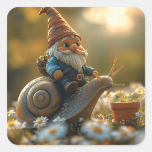 Whimsical Gnome on Snail Ride Magical Garden Scene Square Sticker