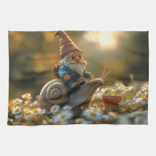 Whimsical Gnome on Snail Ride Magical Garden Scene Tea Towel