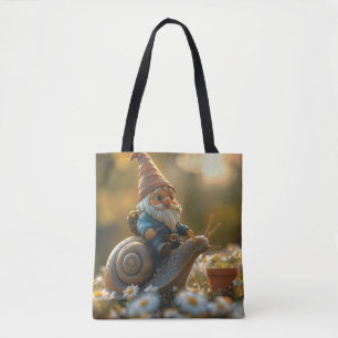 Whimsical Gnome on Snail Ride Magical Garden Scene Tote Bag