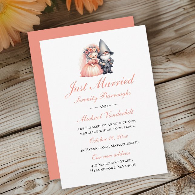 Whimsical Gnome Orange Just Married Wedding  Announcement (Creator Uploaded)