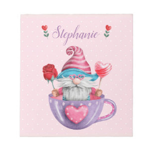 Whimsical Gnome Sits in Tea Cup Hearts & Flowers Notepad