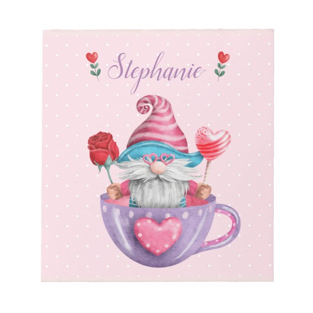 Whimsical Gnome Sits in Tea Cup Hearts & Flowers  Notepad (Front)